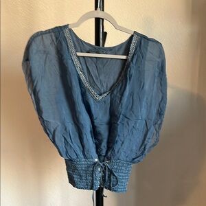 Silk Blue Smocked Blouse with Tie Front and Flutter Sleeves
